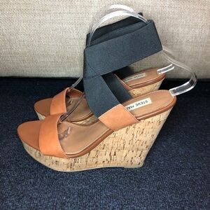 Steve Madden Roperr Brown & Black Strap Cork Wedges Size 7.5